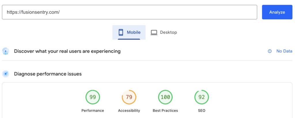Mobile performance:  99 Performance | 100 Best Practices | 92 SEO